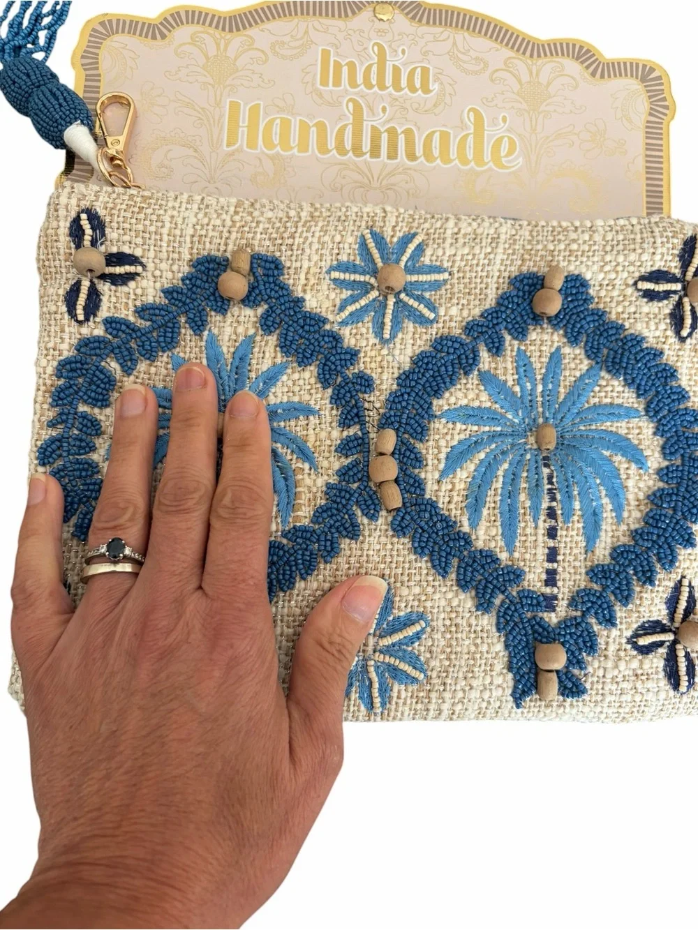 Handmade Blue Embroidered Palm Wristlet Cosmetic Bag